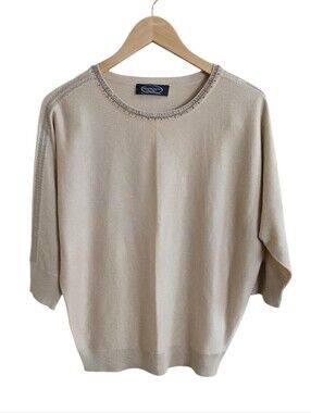 Magaschoni Silk & Cashmere Blend Beaded 3/4 Length Sleeve Tan Blouse. Est Large